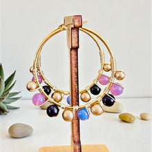 Load image into Gallery viewer, HANSIKA- Purple and Gold Multicolored Beaded Wire-wrapped Hoop Earrings
