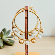 Load image into Gallery viewer, GINGER- White Pearl and Gold Beaded Wire-wrapped Hoop Earrings
