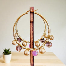 Load image into Gallery viewer, MEEKO- Purple and Gold Beaded Wire-wrapped Hoop Earrings
