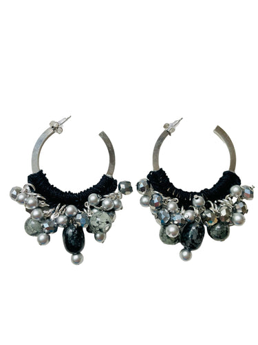 Black and Silver Hoop Earrings, Beaded Hoop Earrings, Hoop Earrings