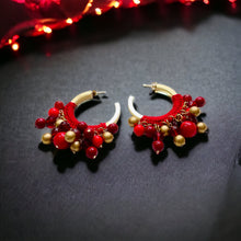 Load image into Gallery viewer, RELICIA- Red and Gold Beaded Crochet Hoop Earrings
