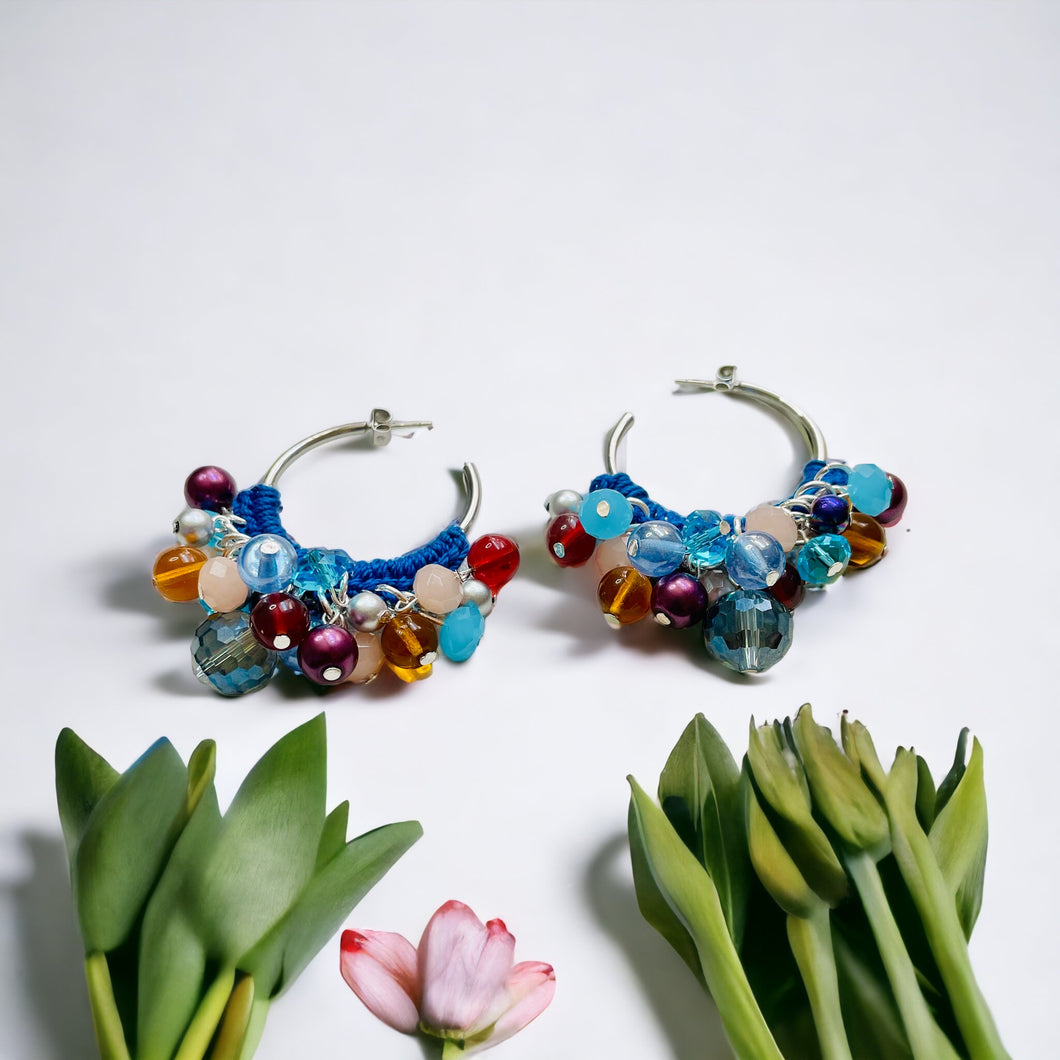 Blue Hoop Earrings, Blue and Silver Earrings, Crochet Earrings, Boho Style Jewelry