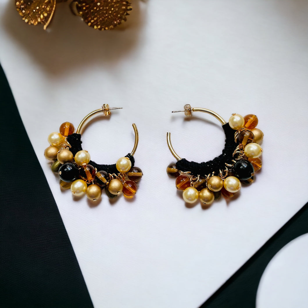 Hoop Earrings, Black and Gold Earrings, Beaded Earrings, Crochet Jewelry