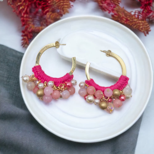 Pink Hoop Earrings, Crochet Jewelry, Crochet Earrings, Beaded Hoop Earrings, Boho Style