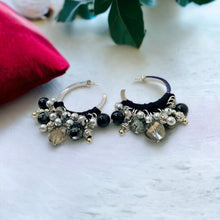 Load image into Gallery viewer, BETHANY- Black and Silver Beaded Crochet Hoop Earrings
