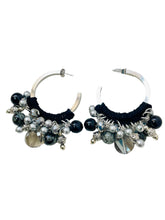 Load image into Gallery viewer, BETHANY- Black and Silver Beaded Crochet Hoop Earrings
