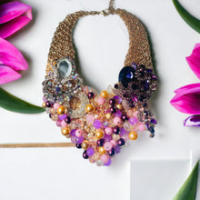 Load image into Gallery viewer, Purple Multi color Statement Necklace, Purple and Gold Beaded Statement Necklace. Multi color Statement Necklace
