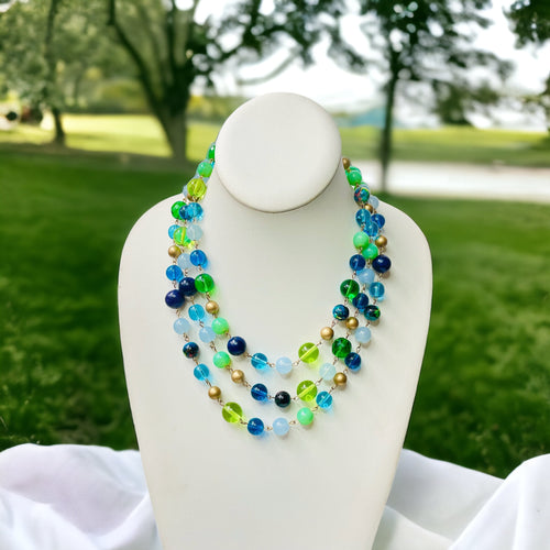 Blue and Green Multi Strand Necklace, Beaded Necklace, Short Necklace