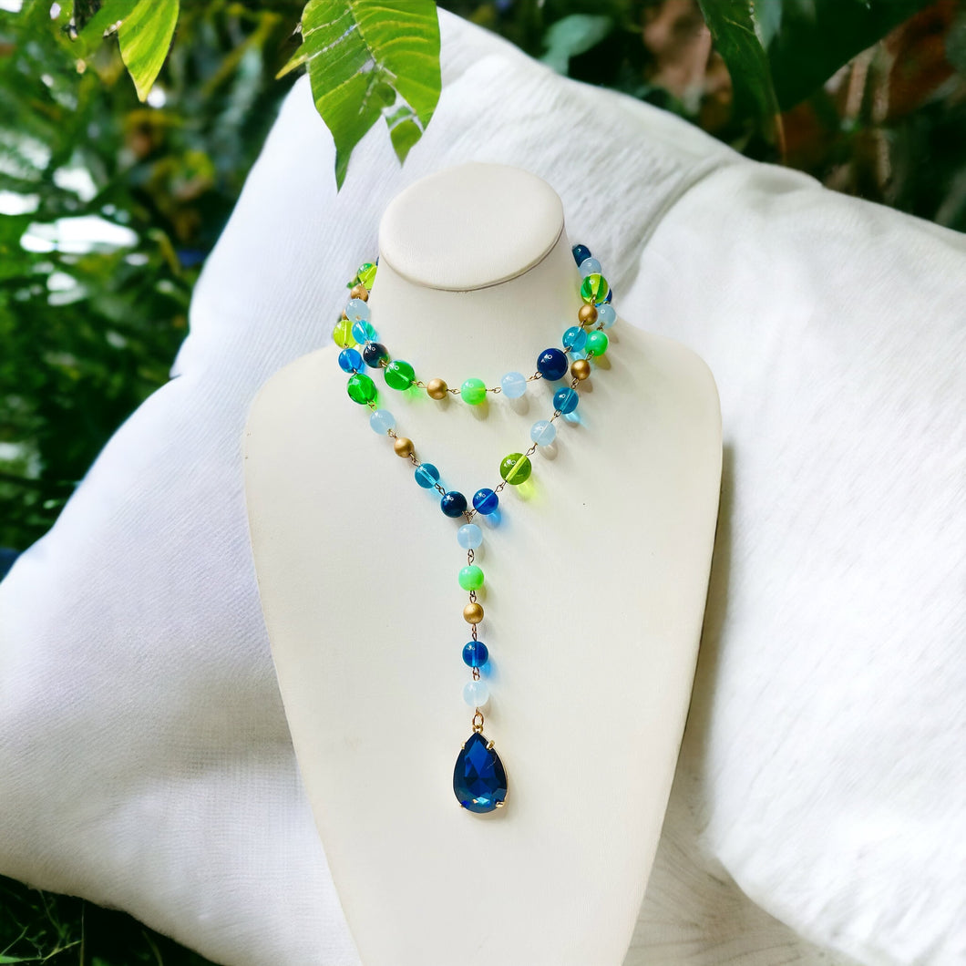 Blue and Green Beaded Necklace, Lariat Necklace, Choker Necklace