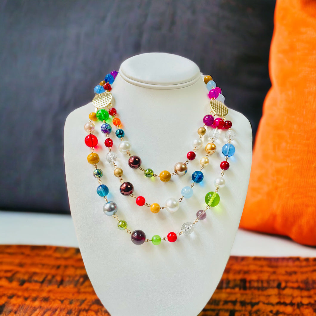 Short Beaded Necklace, Multi color Beaded Necklace, Multi strand Beaded Necklace