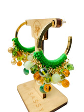 Load image into Gallery viewer, KADIA- Green and Gold Multi colored Beaded Crochet Hoop Earrings
