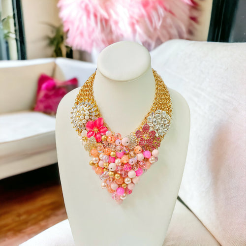 Pink Beaded Necklace, Bib Necklace