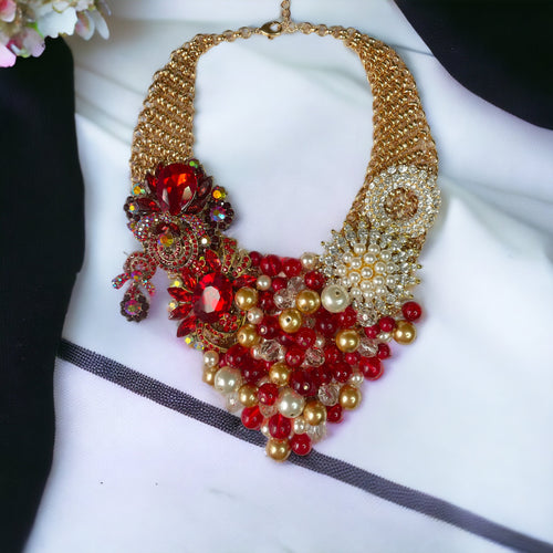 Red Multi color Necklace, Gift for Her, Red and Gold Necklace. Pearl Necklace, Red Statement Necklace
