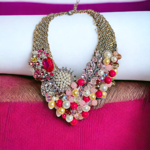 Pink Statement Necklace, Pink Beaded Necklace