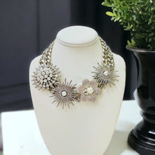 Load image into Gallery viewer, Pearl and Silver Statement Necklace, Flower Statement Necklace
