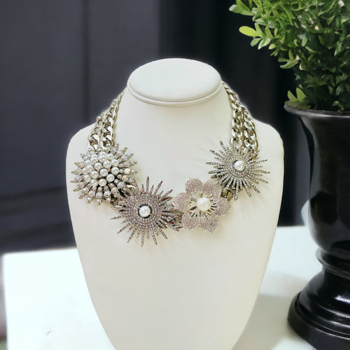 Pearl and Silver Statement Necklace, Flower Statement Necklace