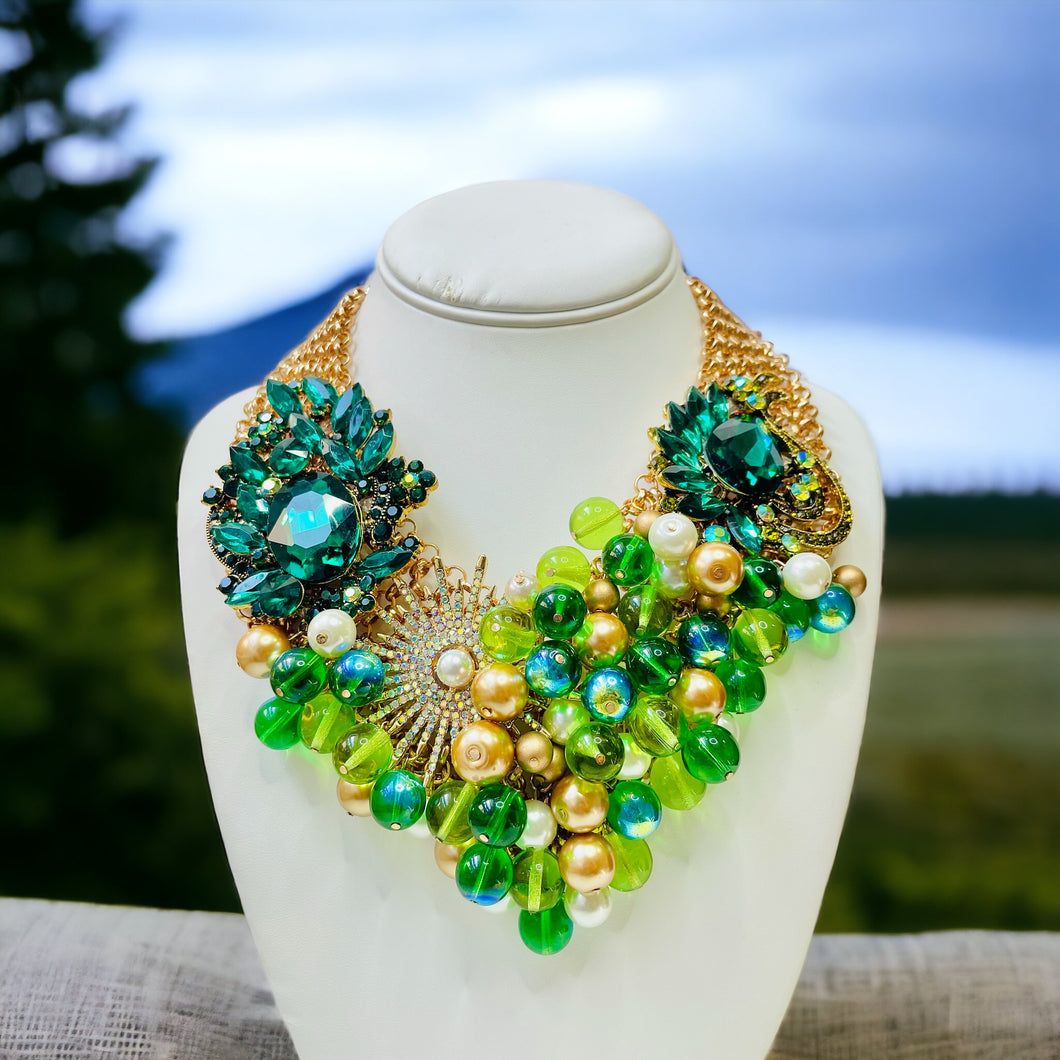 Green and Gold Beaded Bib Necklace, Green Necklace, Green Beaded Necklace