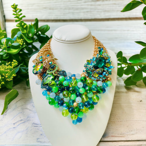 Green and Blue Necklace, Green Beaded Necklace