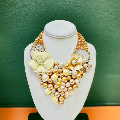 Pearl Bib Necklace, Pearl and Gold Beaded Necklace