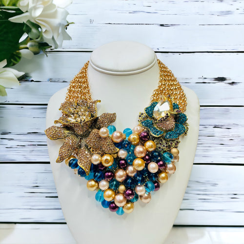 Blue and Gold Beaded Necklace, Flower Necklace, Blue Multi colored Beaded Necklace