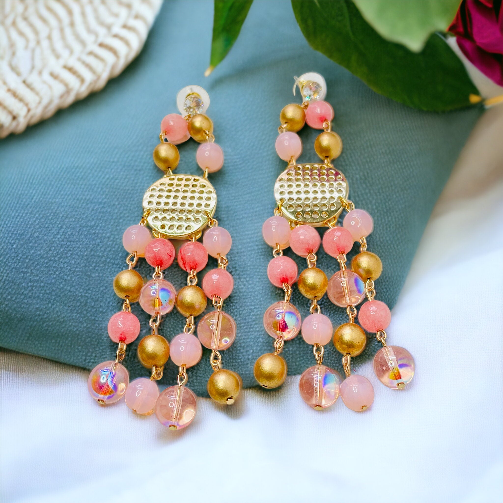 Peach Meenakari Lotus Jhumka Earring for Wedding by FashionCrab