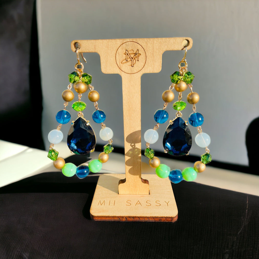 Blue and Green Earrings, Beaded Tear Drop Earrings, Gift for Her