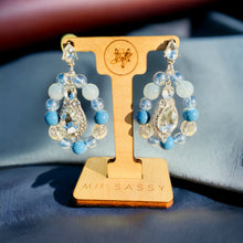 Load image into Gallery viewer, Blue Earrings, Blue Beaded Earrings, Blue and Crystal Earrings. Beaded Tear Drop Earrings
