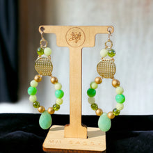 Load image into Gallery viewer, Green and Gold Beaded Drop Earrings, Green Earrings, Jade Earrings, Gift for Her
