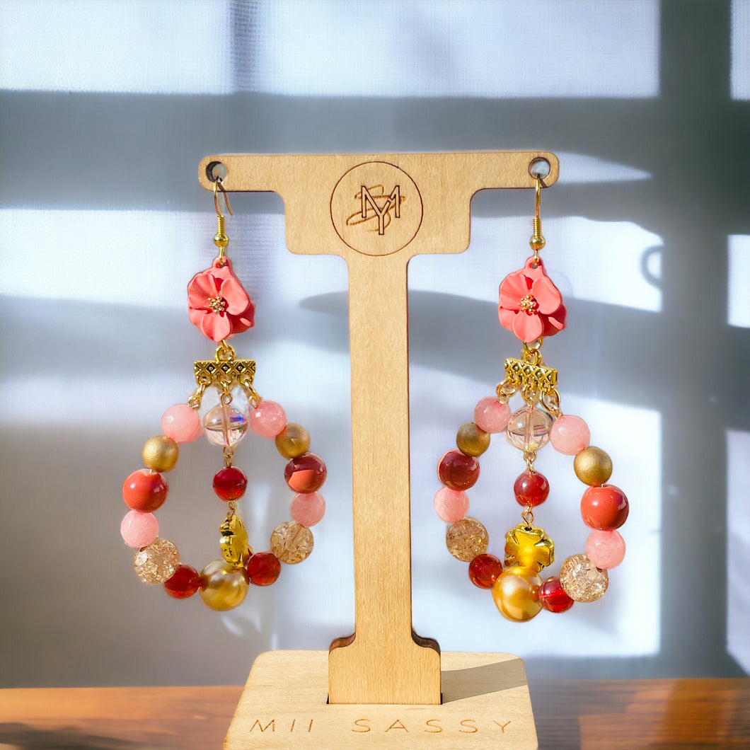 Pink Multi color Beaded Earrings, Pink Flower Earrings. Drop Earrings, Gift for Her, Holiday Gifts