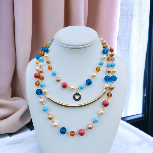 Blue Multi color Beaded Necklace, Blue Necklace, Beaded Necklace
