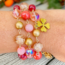 Load image into Gallery viewer, Pink and Brown Beaded Bracelet, Clover Leaf Bracelet, Charm Bracelet, Gift for Her
