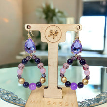Load image into Gallery viewer, Purple and Gold Beaded Earrings, Tear Drop Earrings
