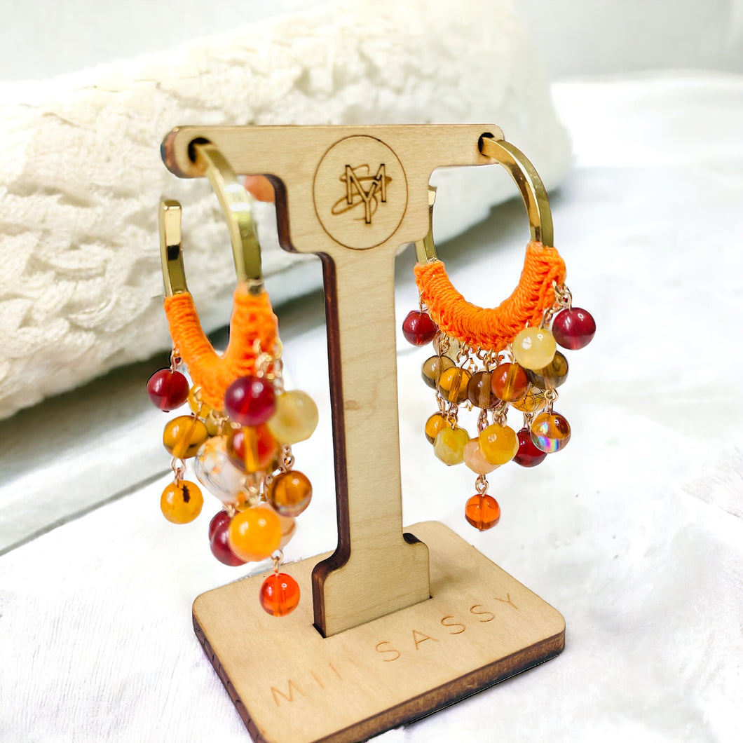 Orange Beaded Hoop Earrings, Hoop Earrings, Crochet Earrings, Chandelier Earrings, Earring Lovers