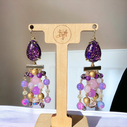 Purple Beaded Earrings, Chandelier Earrings, Drop Earrings, Purple Beaded Earrings