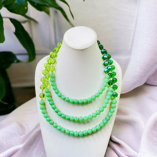 Green Beaded Necklace, Wire Wrapped Necklace, Multi strand Necklace
