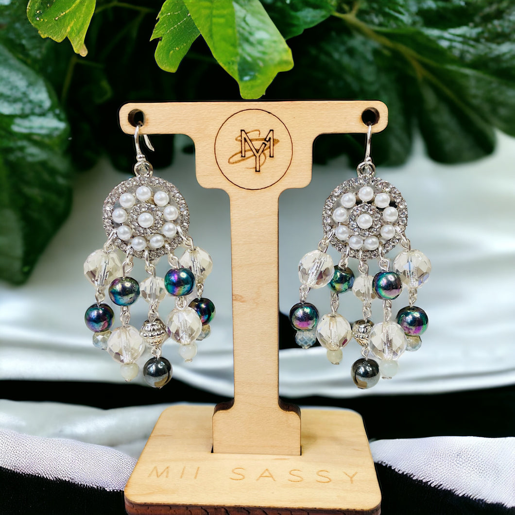 Pearl and Gray Beaded Chandelier Earrings, Chandelier Earrings, Dangling Earrings