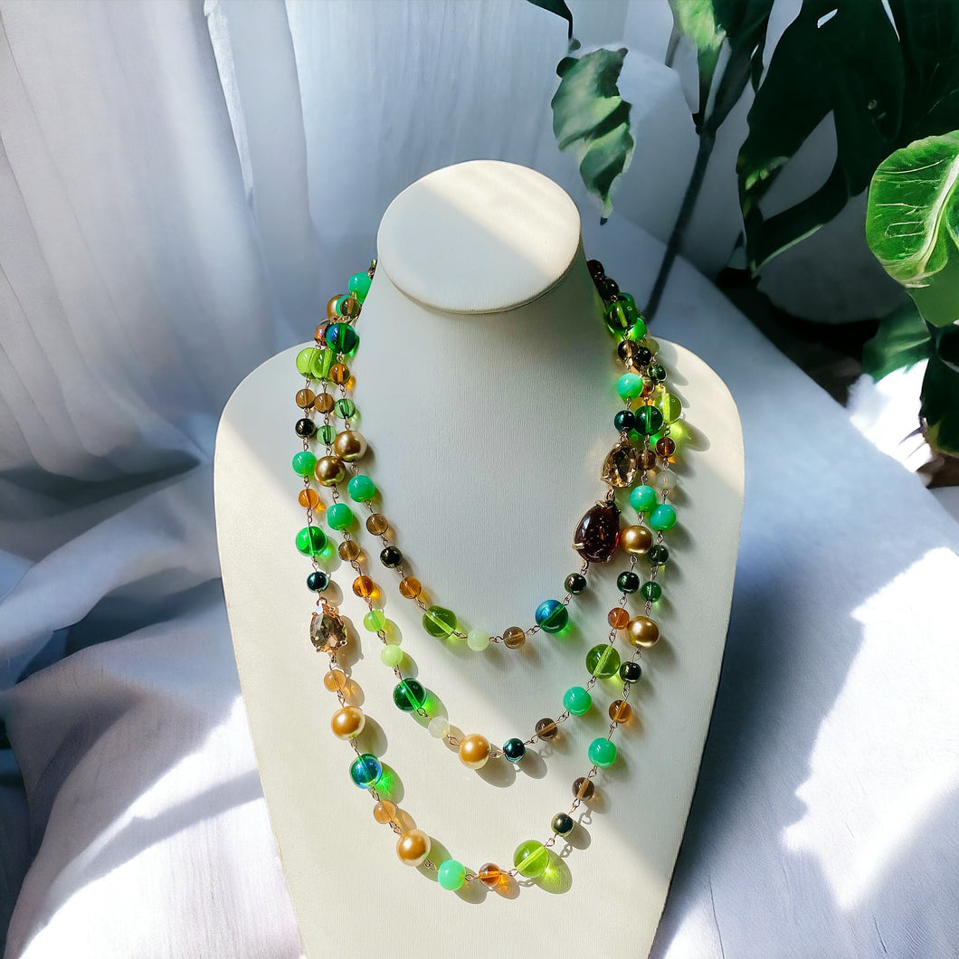Green Beaded Necklace, Beaded Necklace, Multi strand Necklace, Brown Beaded Necklace