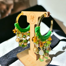 Load image into Gallery viewer, JACQUELINE- Green and Gold Multi colored Beaded Crochet Hoop Earrings
