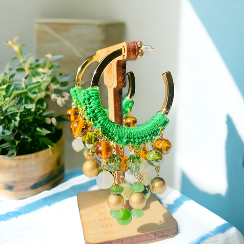 Green Beaded Chandelier Earrings, Beaded Hoop Earrings, Crochet Earrings