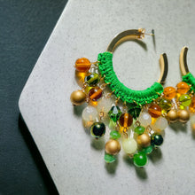 Load image into Gallery viewer, JACQUELINE- Green and Gold Multi colored Beaded Crochet Hoop Earrings
