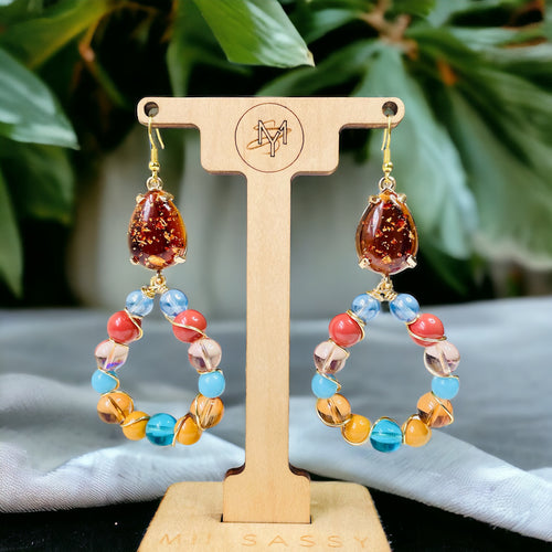 Blue and Brown Beaded Earrings, Wire Wrapped Earrings, Pink Beaded Earrings