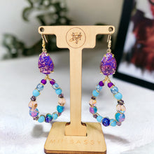Load image into Gallery viewer, Purple and Blue Beaded Earrings, Blue Wire Wrapped Earrings, Tear Drop Beaded Earrings

