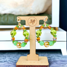 Load image into Gallery viewer, Green and Orange Beaded Earrings, Wire Wrapped Earrings, Green Tear Drop Earrings
