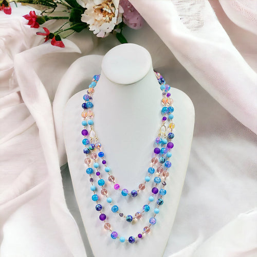 Purple and Blue Beaded Necklace, Multi strand Necklace, Beaded Necklace