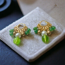 Load image into Gallery viewer, LYNETTE- Green and Gold Beaded Chandelier Hoop Earrings
