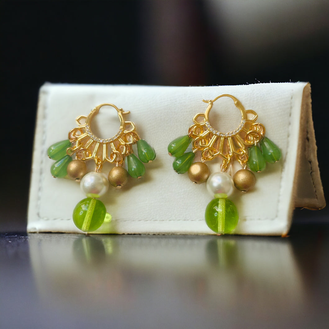 LYNETTE- Green and Gold Beaded Chandelier Hoop Earrings