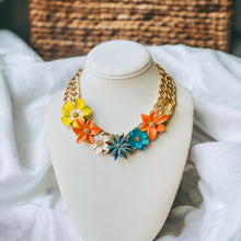 Load image into Gallery viewer, Orange and Yellow Flower Necklace, Turquoise Necklace
