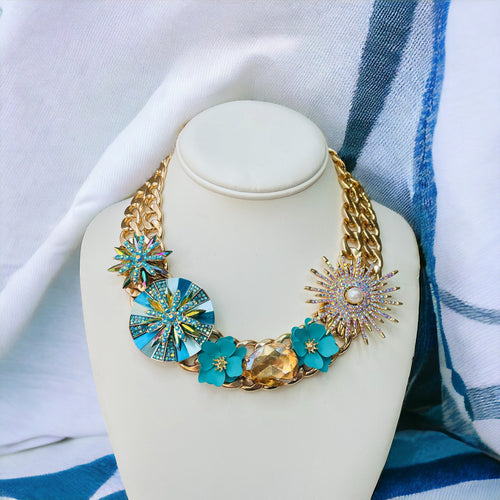 Turquoise Blue Necklace, Flower Necklace, Statement Necklace
