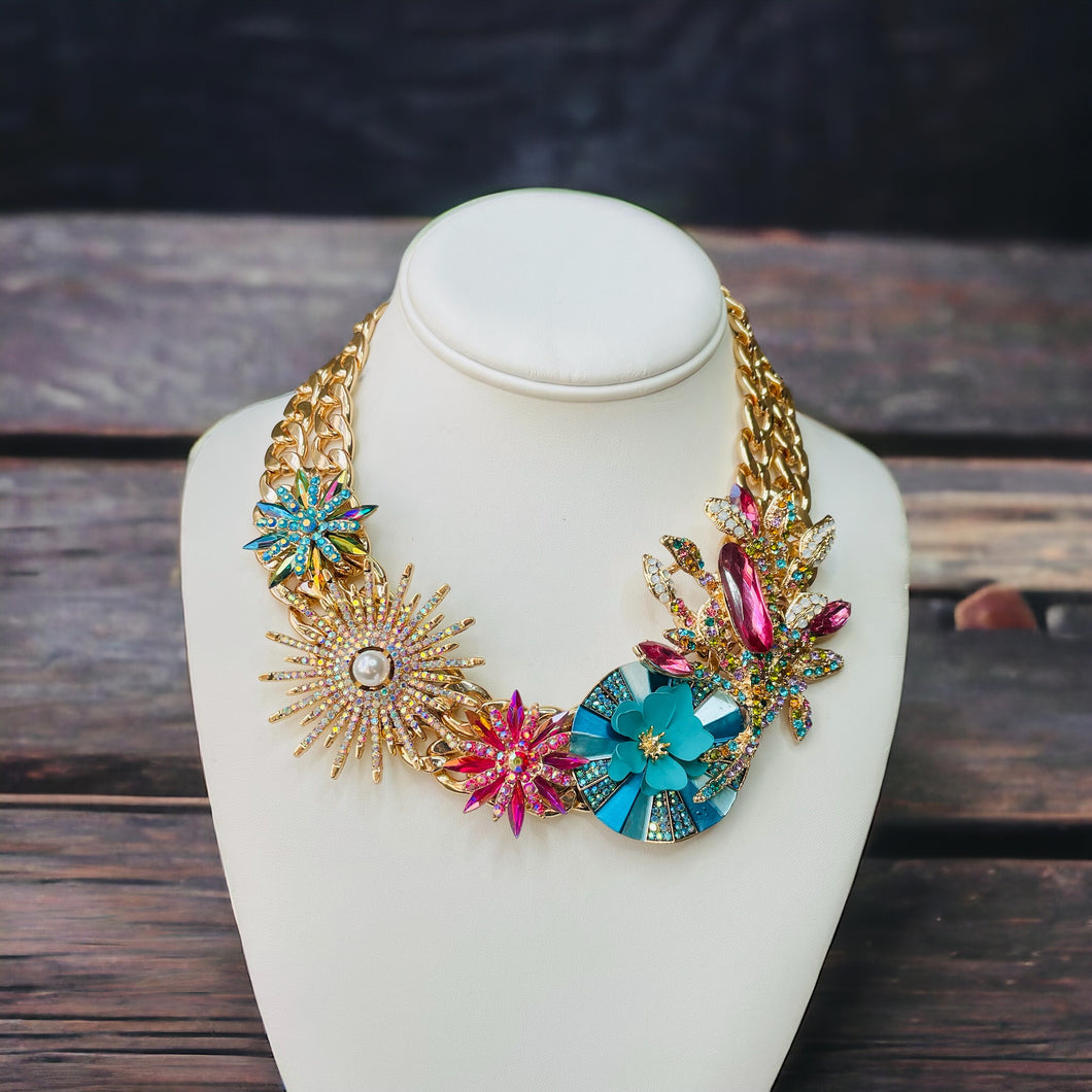 Flower Necklace, Pink and Blue Necklace, Spring Jewelry