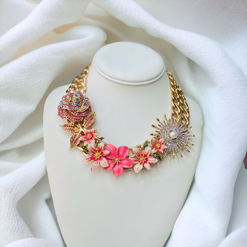 Pink Flower Necklace, Pink Necklace, Spring Jewelry